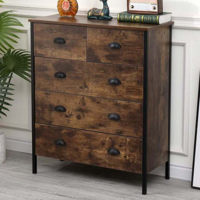 FurnitureHMD 5 Drawer Brown and Black Industrial Wooden Chest of Drawers - Wilko - image 1
