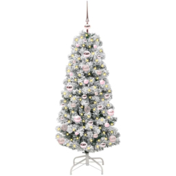 vidaXL Pre-Lit Warm White LED and Pink Baubles Snow Flocked Artificial Christmas Tree 3.9ft - Green - Wilko