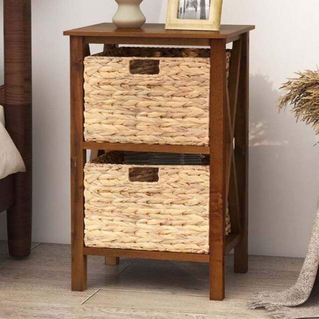 Costway 2 Shelf Rustic Brown Side Table with Seagrass Baskets - Size: 65 x 38 x 25cm - Wilko - image 1