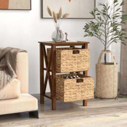 Costway 2 Shelf Rustic Brown Side Table with Seagrass Baskets - Size: 65 x 38 x 25cm - Wilko - thumbnail 4