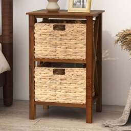 Costway 2 Shelf Rustic Brown Side Table with Seagrass Baskets - Size: 65 x 38 x 25cm - Wilko - thumbnail 1