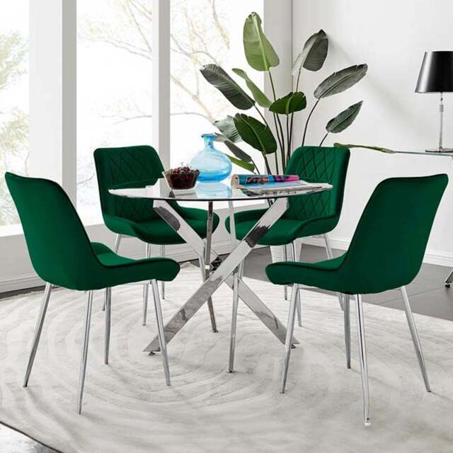 Furniturebox Arona Cesano 4 Seater Round Dining Set Green and Chrome - Wilko - image 1