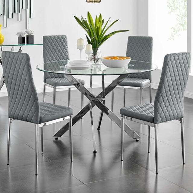 Furniturebox Arona Valera Glass 4 Seater Round Dining Set Chrome and Grey - Wilko - image 1