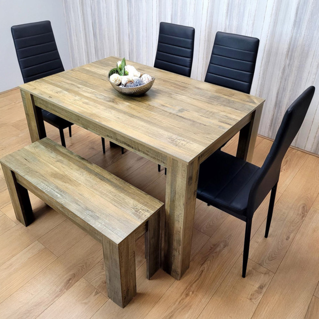 Portland 6 Seater Dining Set Rustic Effect and Black Leather with Bench - Multi - Wilko - image 1