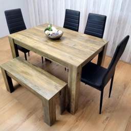 Portland 6 Seater Dining Set Rustic Effect and Black Leather with Bench - Multi - Wilko - thumbnail 1