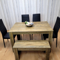 Portland 6 Seater Dining Set Rustic Effect and Black Leather with Bench - Multi - Wilko - thumbnail 4