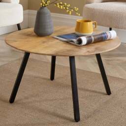 Home Source Caribou Natural Mango Wooden Top Round Coffee Table with Iron Legs - Size: 40 x 70 x 70cm - Brown - Wilko