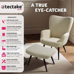 tectake Hygge Cream and Black Boucle Padded Armchair with Stool - Size: Single - Wilko - thumbnail 4