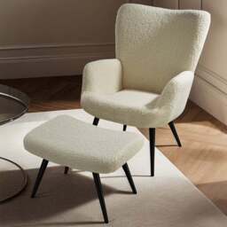 tectake Hygge Cream and Black Boucle Padded Armchair with Stool - Size: Single - Wilko