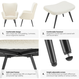 tectake Hygge Cream and Black Boucle Padded Armchair with Stool - Size: Single - Wilko - thumbnail 6
