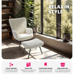 tectake Hygge Cream and Black Boucle Padded Armchair with Stool - Size: Single - Wilko - thumbnail 5