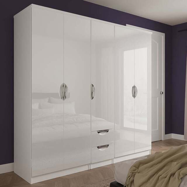 Crowndale Camden 5 Door 2 Drawer White Gloss and White Wardrobe Ready Assembled - White Gloss & White - Wilko - image 1