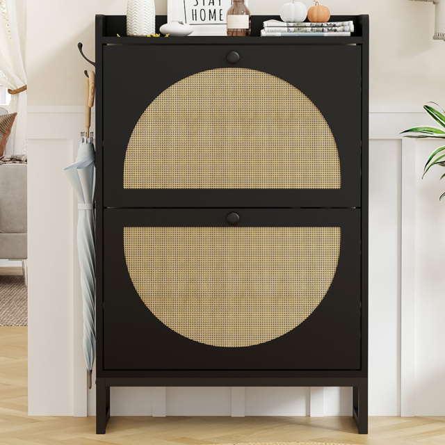 FurnitureHMD 2 Door Black Woven Rattan Shoe Cabinet with Hooks - Size: 93.5 x 60 x 23.5cm - Wilko - image 1