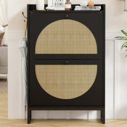 FurnitureHMD 2 Door Black Woven Rattan Shoe Cabinet with Hooks - Size: 93.5 x 60 x 23.5cm - Wilko - thumbnail 1