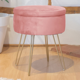 Harbour Housewares Pink and Gold Velvet Round Footstool with Storage - Size: 45 x 36 x 36cm - Wilko