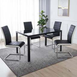 Kosy Koala 4 Seater Striped Faux Leather Glass Dining Set White and Black - Wilko