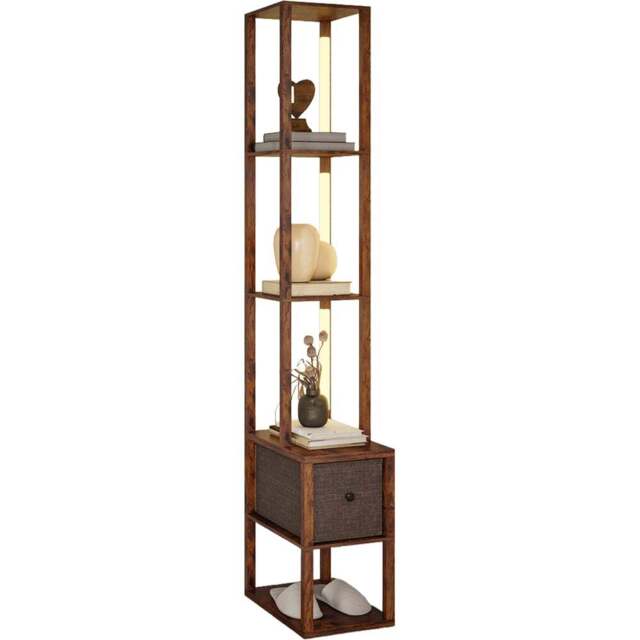 HOMCOM Single Drawer 4 Shelf Rustic Brown LED Floor Lamp - Size: 32 x 21 x 51.5cm - Wilko - image 1
