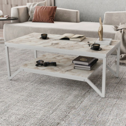 Decorotika Flora Single Shelf White Marble and White Modern Coffee Table - Size: 45.8 x 120 x 60cm - Wilko