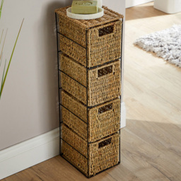 Home Source Ankara 4 Drawer Black and Natural Slim Wicker Basket Storage Unit - Size: 65 x 17 x 20cm - Brown - Wilko