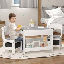 HOMCOM 3 Piece White Kids Table and Chair Set - Size: 48 x 61.5 x 61.5cm - Grey - Wilko