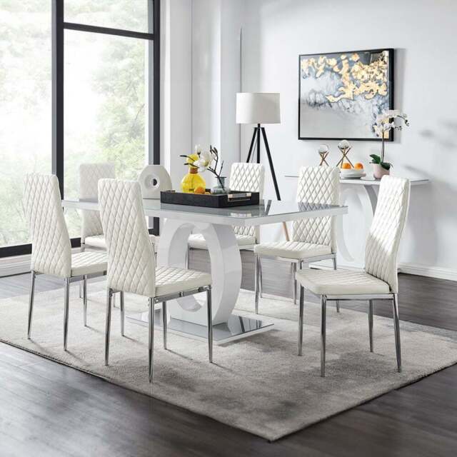 Furniturebox Lucia Valera 6 Seater Dining Set Grey Gloss White and Chrome - Wilko - image 1