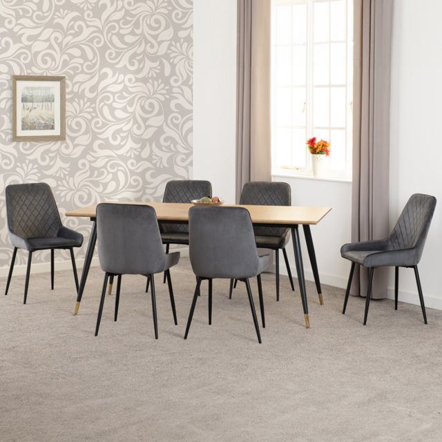 Seconique Hamilton Avery Oak Effect Velvet 6 Seater Dining Table Set Grey - Multi - Wilko - image 1