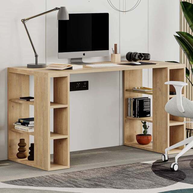 Decortie Colmar 6 Shelf Modern Desk with Bookshelf Oak - Cream - Wilko - image 1