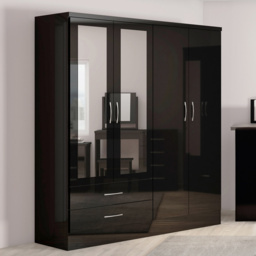 Seconique Nevada 4 Door 2 Drawer Black Gloss Mirror Wardrobe - Size: 4 Door, 2 Drawer - Wilko