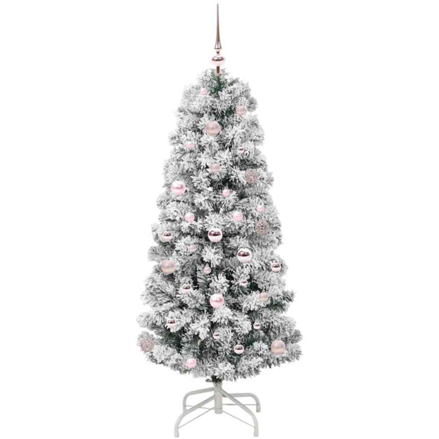 vidaXL Pre-Lit Warm White LED and Pink Baubles Snow Flocked Artificial Christmas Tree 4.9ft - Green - Wilko - image 1