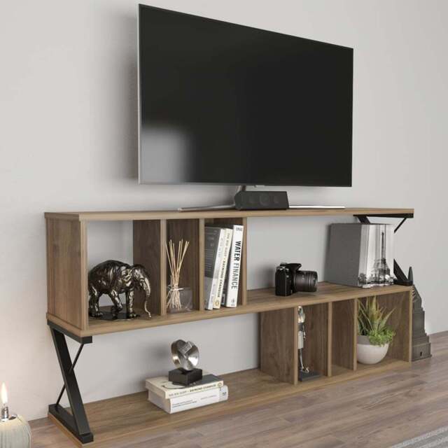 Decorotika Termas 8 Shelf Walnut and Black TV Unit - Size: 64.4 x 140 x 29.5cm - Multi - Wilko - image 1