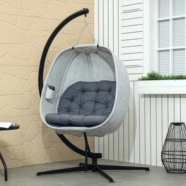 Outsunny Hanging Egg Chair with Stand and Folding Basket - Size: 180 x 90 x 126cm - Grey - Wilko - image 1