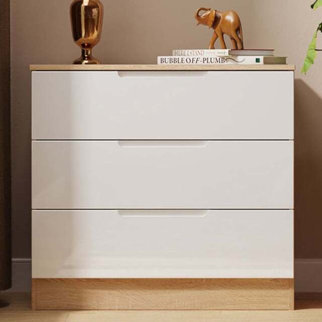 Crowndale Milan 3 Drawer White Gloss and Bardolino Oak Chest of Drawers Ready Assembled - White Gloss & Bardolino Oak - Wilko - image 1