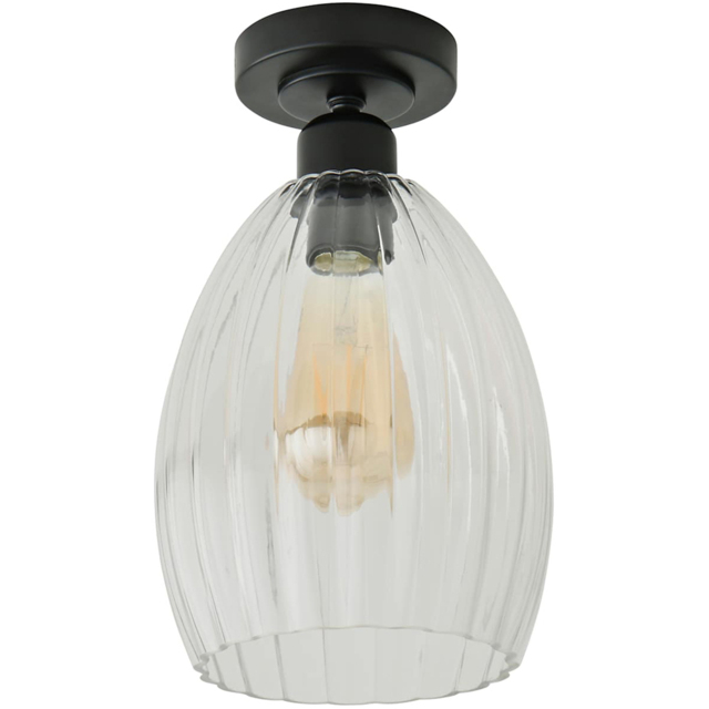 ValueLights Cheltenham Ribbed Shade Matte Black Flush Ceiling Light with Bulb - Size: 27 x 17 x 17cm - Wilko - image 1