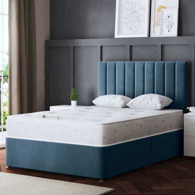 DS Living Amelia Double Blue Upholstered Panel Divan Bed with 2 Drawer - Wilko - image 1