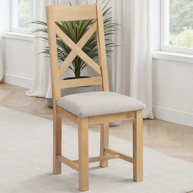 Seconique Windsor Sey of 2 Natural Oak and Oat Fabric Cross Back Dining Chair - Size: Set of 2 - Natural Oak/Oat Fabric - Wilko - image 1