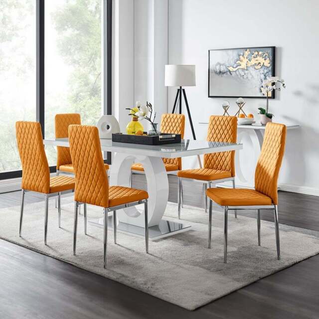 Furniturebox Lucia Valera 6 Seater Dining Set Grey Gloss Mustard Yellow and Chrome - Wilko - image 1