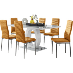 Furniturebox Lucia Valera 6 Seater Dining Set Grey Gloss Mustard Yellow and Chrome - Wilko - thumbnail 3