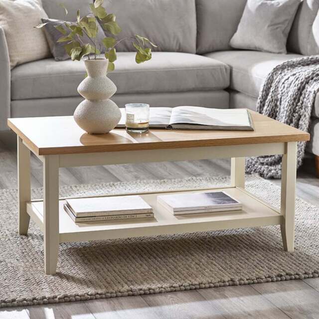 Furniturebox Ezra Oak Veneer Coffee Table with Cream Legs - Size: 100 x 60 x 46cm - Wilko - image 1
