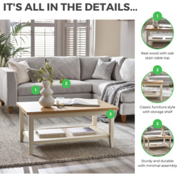 Furniturebox Ezra Oak Veneer Coffee Table with Cream Legs - Size: 100 x 60 x 46cm - Wilko - thumbnail 7