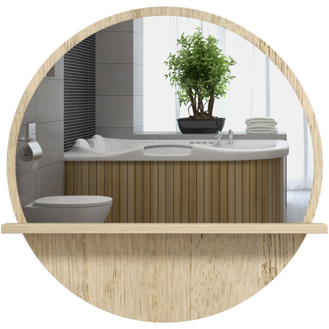 Portland Round Natural Wood Effect Bathroom Mirror 45cm - Size: 45 x 45 x 10cm - Brown - Wilko - image 1