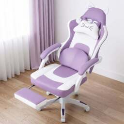 Living and Home White and Purple Cat Ear Design Gaming Chair with Massage Lumbar Pillow - Size: 123 x 59 x 88cm - White + Purple - Wilko