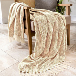Allure Home Fashions Audley Beige Cotton Chevron Herringbone Throw 150 x 200cm - Brown - Wilko - thumbnail 3