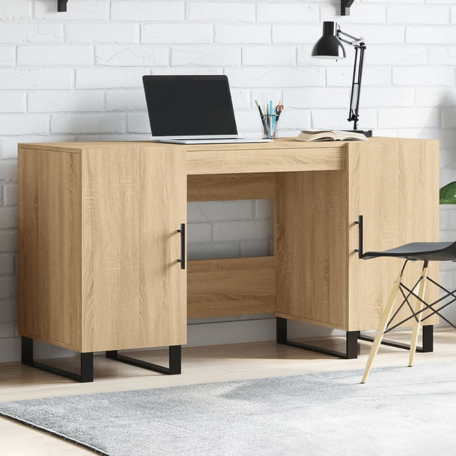 vidaXL 2 Door Modern Desk Sonoma Oak - Size: 75 x 140 x 50cm - Brown - Wilko - image 1