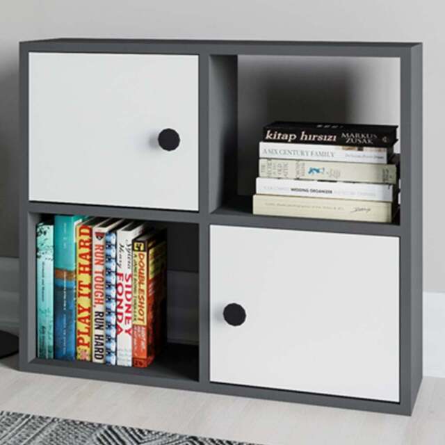Decorotika Tuttle 2 Door 2 Open Shelf Anthracite and White Bookcase - Size: 62.6 x 72 x 25cm - Multi - Wilko - image 1