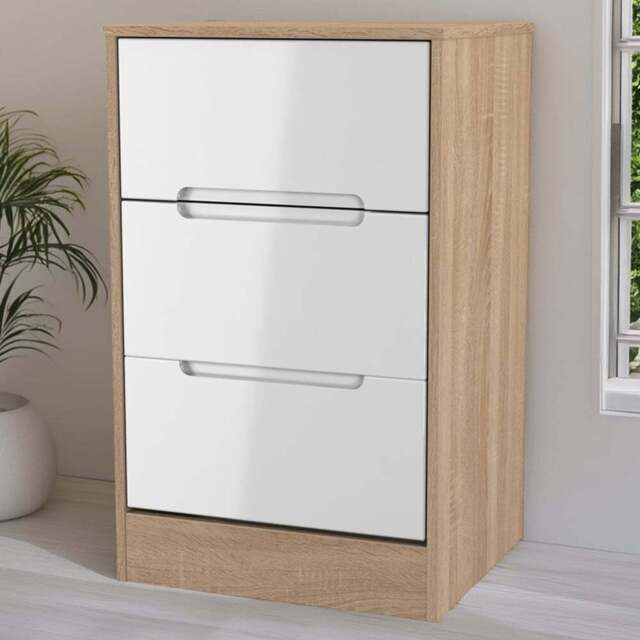 Crowndale Monaco 3 Drawer White Gloss and Bardolino Oak Bedside Cabinet Ready Assembled - White Gloss & Bardolino Oak - Wilko - image 1