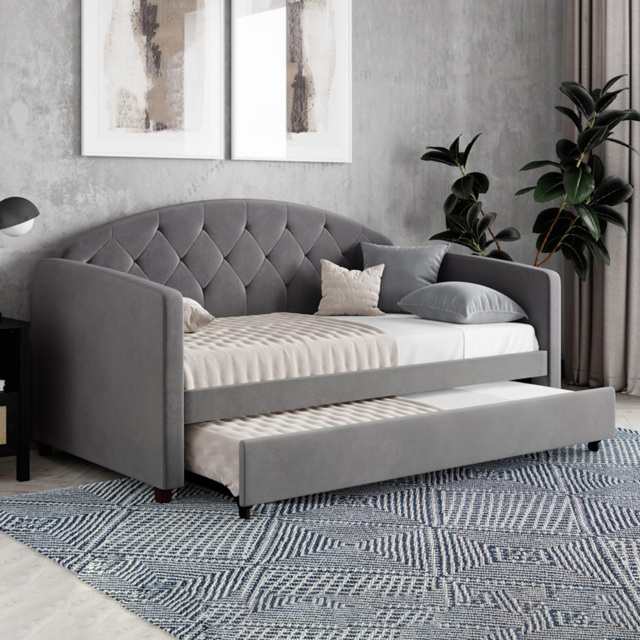 Dorel Aspen Light Grey Velvet Daybed with Trundle - Size: Single - Wilko - image 1