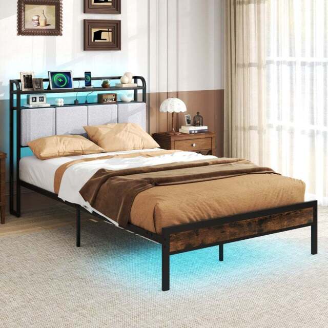 Costway Double Bed Frame with LED Light and Charging Station - Brown - Wilko - image 1
