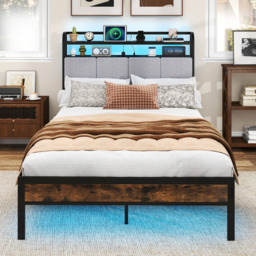 Costway Double Bed Frame with LED Light and Charging Station - Brown - Wilko - thumbnail 4