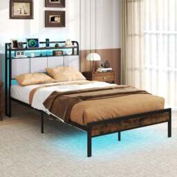 Costway Double Bed Frame with LED Light and Charging Station - Brown - Wilko - thumbnail 1