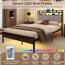 Costway Double Bed Frame with LED Light and Charging Station - Brown - Wilko - thumbnail 6